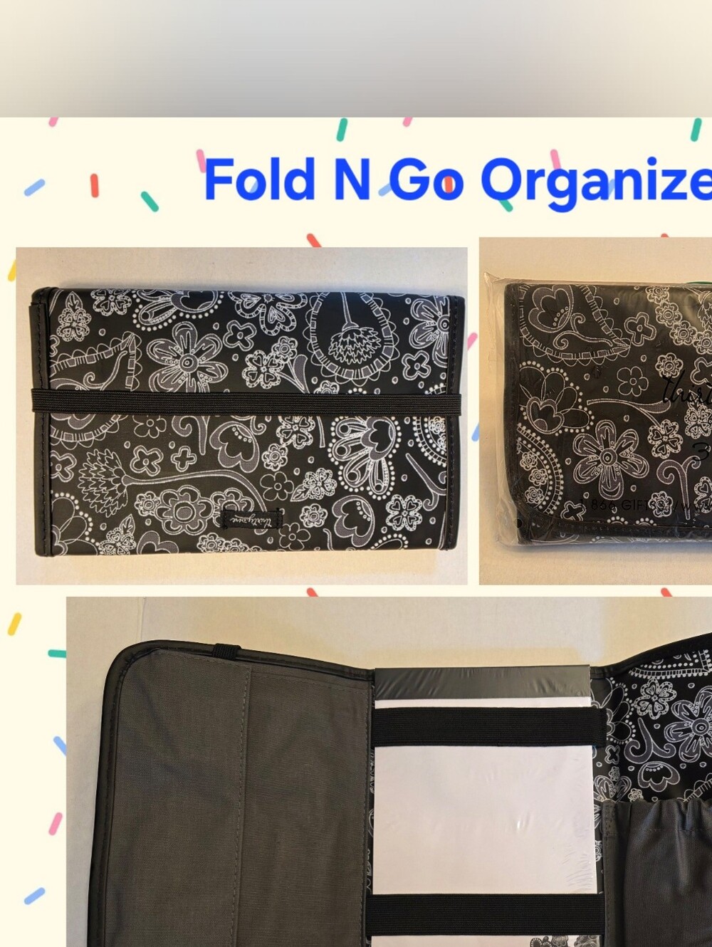 Thirty-One NWT Fold-n-Go Black Paisley Parade Pattern PadFolio with Notepad